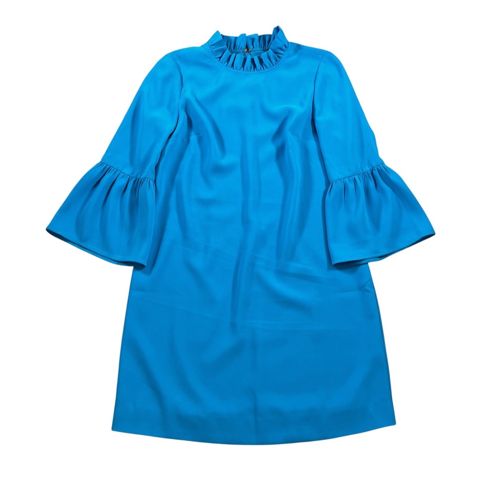 J.Crew Women Blue Ruffle‎ Neck 3/4 Bell Sleeve Shift Dress in 365 Crepe Sz 4 NWT